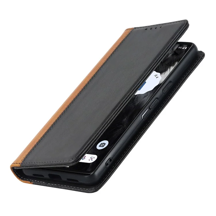PU Leather Phone Case For Google Pixel 7a, Bi-color Splicing Calf Texture Shockproof Magnetic Phone Cover with Stand Wallet - Black  /  Yellow
