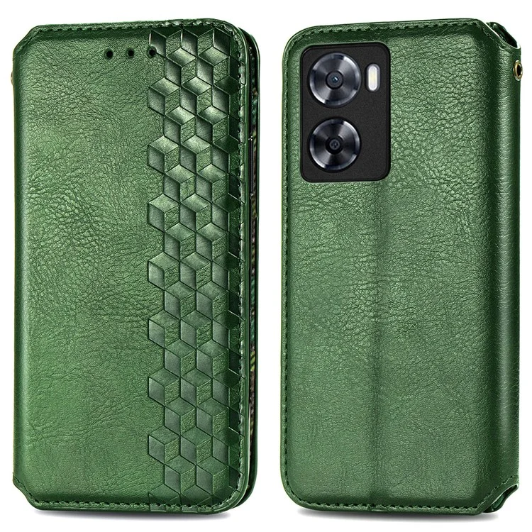 For Oppo A57 4G Imprinting Rhombus Magnetic Auto-Absorbed Flip Leather Phone Case Stand Wallet Anti-drop Cover - Green