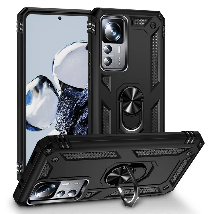 Anti-drop Phone Case for Xiaomi 12T 5G / 12T Pro 5G / Redmi K50 Ultra 5G, PC + TPU Phone Cover with Ring Kickstand - Black