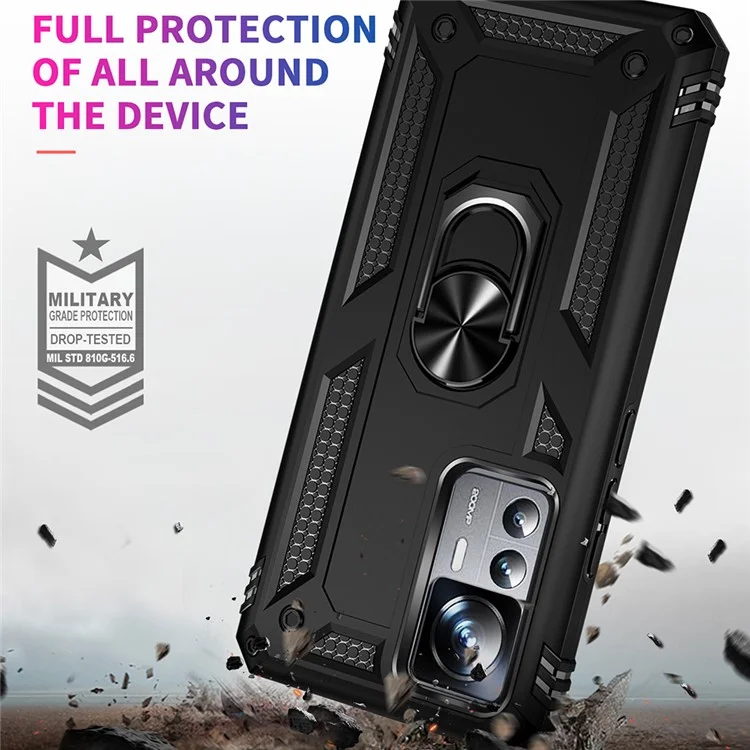Anti-Drop-Handyhülle für Xiaomi 12T 5G / 12T Pro 5G / Redmi K50 Ultra 5G, PC + TPU-Handyhülle mit Ringständer - Schwarz