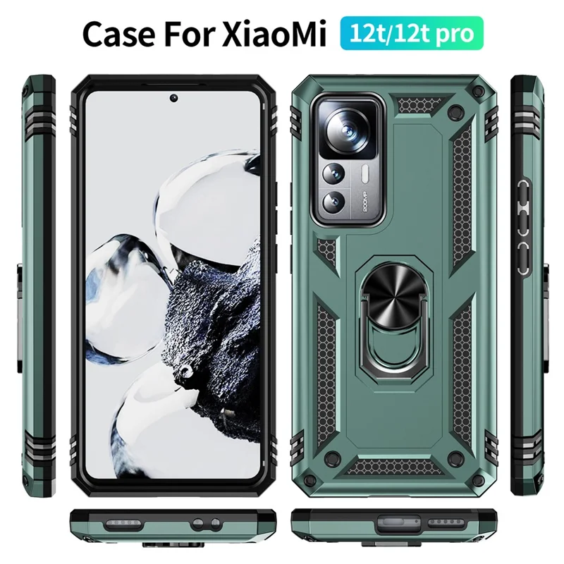 Capa de Telefone Anti-queda para Xiaomi 12T 5G / 12T Pro 5G / Redmi K50 Ultra 5G, Capa de Telefone em PC + TPU com Suporte de Anel - Verde Escuro
