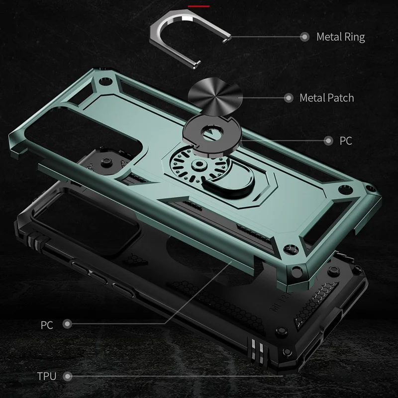 Capa de Telefone Anti-queda para Xiaomi 12T 5G / 12T Pro 5G / Redmi K50 Ultra 5G, Capa de Telefone em PC + TPU com Suporte de Anel - Verde Escuro