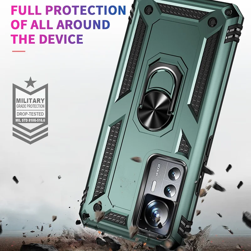 Capa de Telefone Anti-queda para Xiaomi 12T 5G / 12T Pro 5G / Redmi K50 Ultra 5G, Capa de Telefone em PC + TPU com Suporte de Anel - Verde Escuro