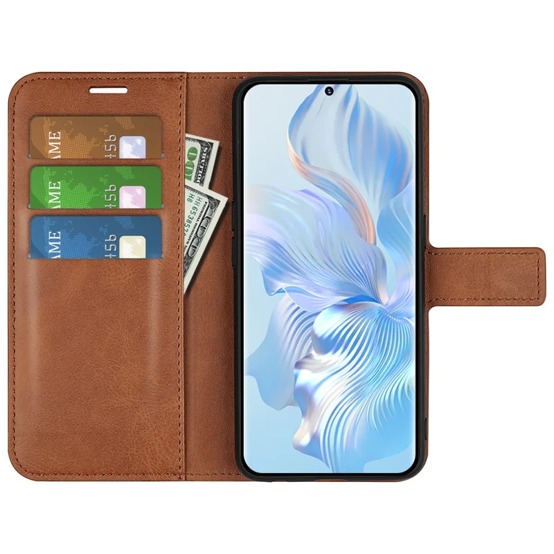 For Honor 80 5G Calf Texture PU Leather Stand Wallet Case Square Magnetic Clasp Phone Cover - Light Brown