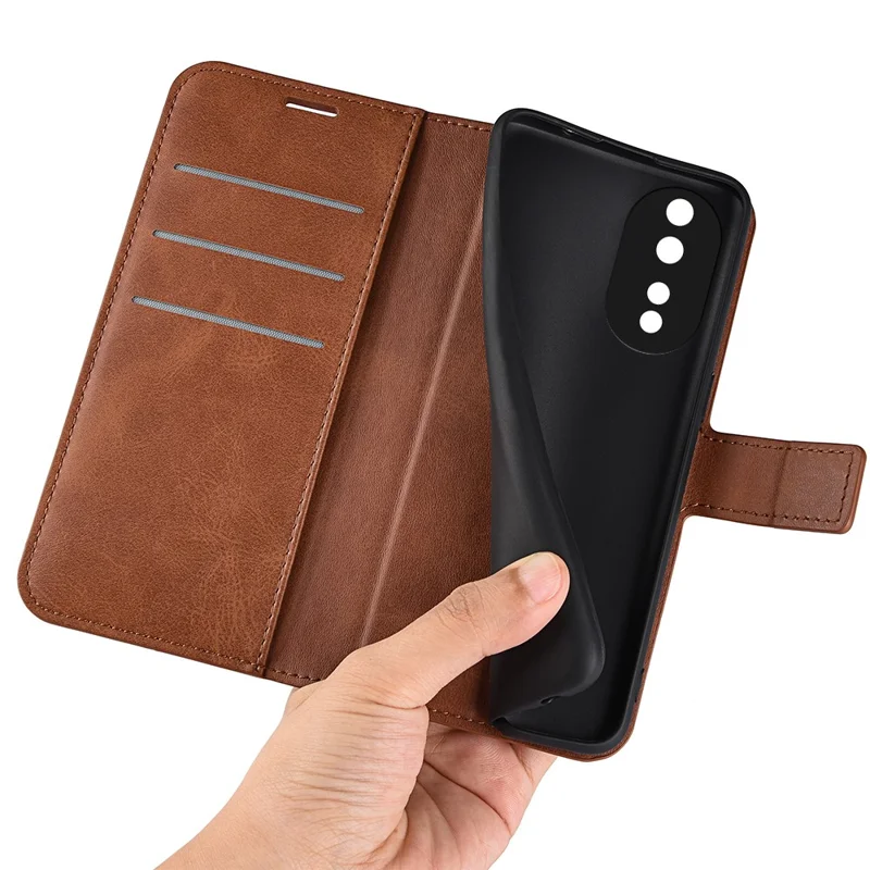 For Honor 80 5G Calf Texture PU Leather Stand Wallet Case Square Magnetic Clasp Phone Cover - Light Brown