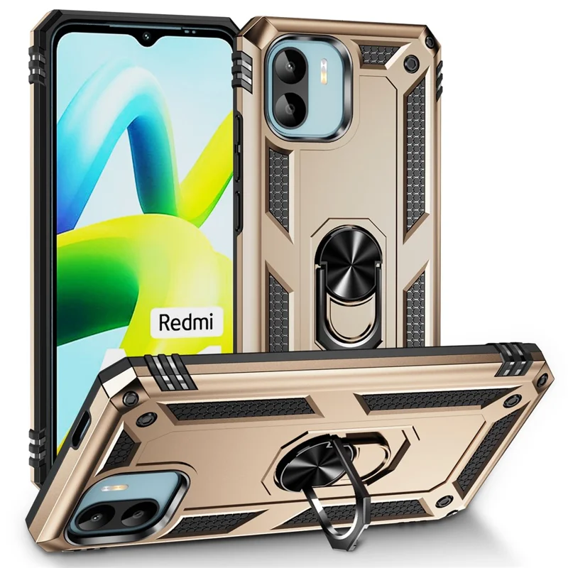 Phone Case for Xiaomi Redmi A1 4G / A2 4G , Military Grade Anti-drop PC + TPU Protective Cover with Ring Kickstand - Gold