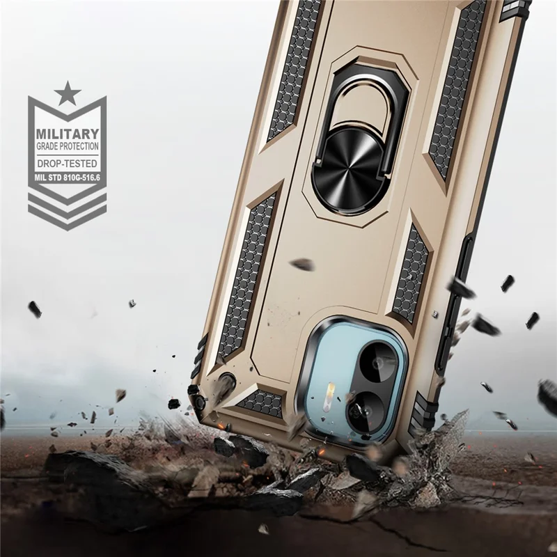 Phone Case for Xiaomi Redmi A1 4G / A2 4G , Military Grade Anti-drop PC + TPU Protective Cover with Ring Kickstand - Gold