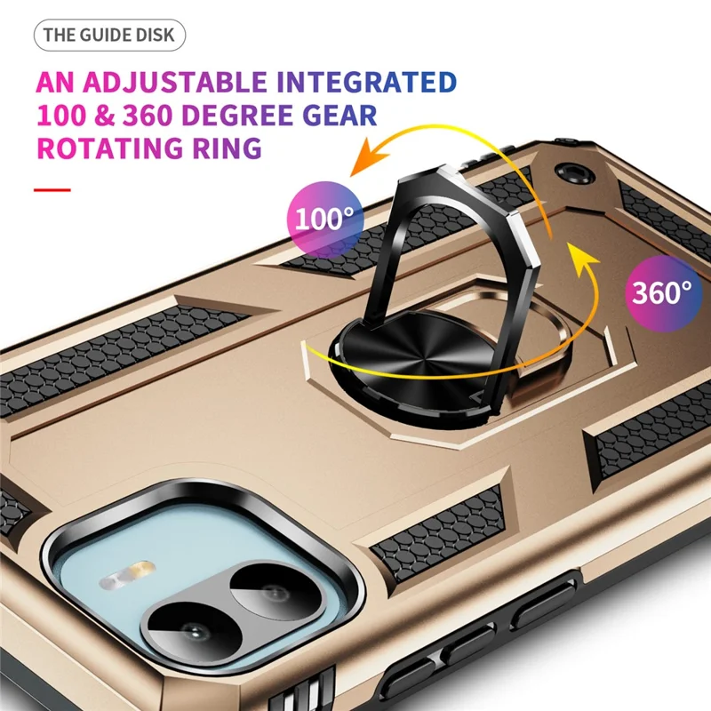 Phone Case for Xiaomi Redmi A1 4G / A2 4G , Military Grade Anti-drop PC + TPU Protective Cover with Ring Kickstand - Gold