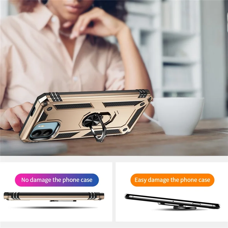 Phone Case for Xiaomi Redmi A1 4G / A2 4G , Military Grade Anti-drop PC + TPU Protective Cover with Ring Kickstand - Gold