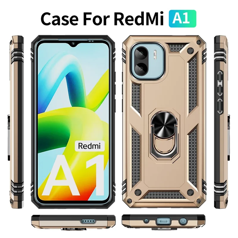 Phone Case for Xiaomi Redmi A1 4G / A2 4G , Military Grade Anti-drop PC + TPU Protective Cover with Ring Kickstand - Gold
