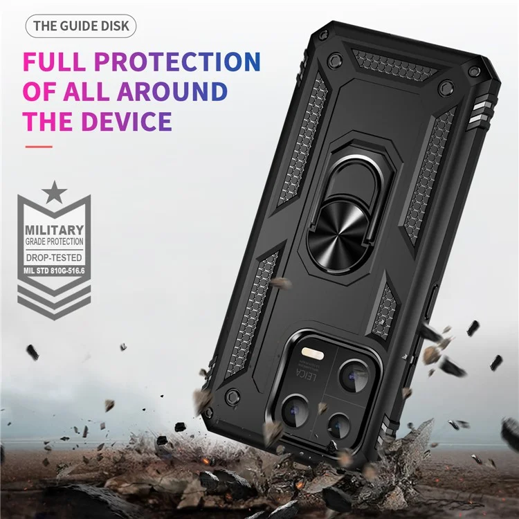 Ring Kickstand Phone Case for Xiaomi 13 5G, Military Grade Anti-drop PC + TPU Protective Cover - Black