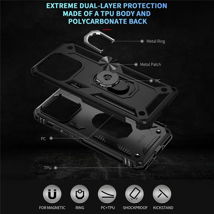 Ring Kickstand Phone Case for Xiaomi 13 5G, Military Grade Anti-drop PC + TPU Protective Cover - Black