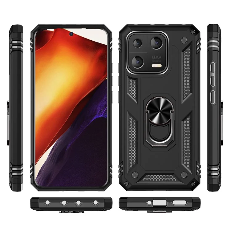 Ring Kickstand Phone Case for Xiaomi 13 5G, Military Grade Anti-drop PC + TPU Protective Cover - Black