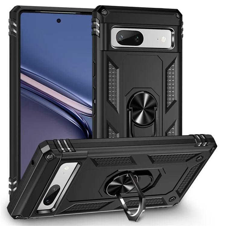 Estuche de Teléfono Protector de Retroceso Para Google Pixel 7a, PC PC Anti-drop + TPU de Grado Militar Cubierta Protectora de TPU Con Kickstand - Negro