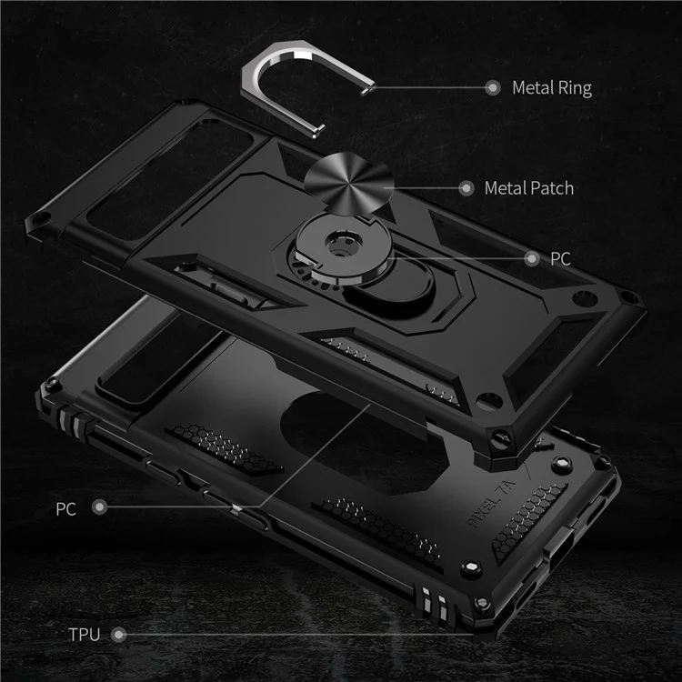 Back Protector Phone Case for Google Pixel 7a, Military Grade Anti-drop PC + TPU Protective Cover with Ring Kickstand - Black