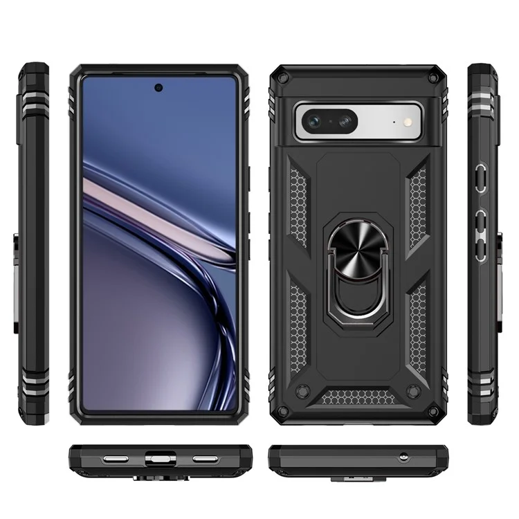 Back Protector Phone Case for Google Pixel 7a, Military Grade Anti-drop PC + TPU Protective Cover with Ring Kickstand - Black