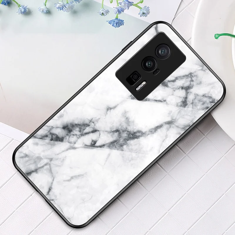 For Xiaomi Poco F5 Pro 5G / Redmi K60 Pro 5G / K60 5G Tempered Glass + PC + TPU Case Marble Pattern Printing Protective Phone Cover - White Marble