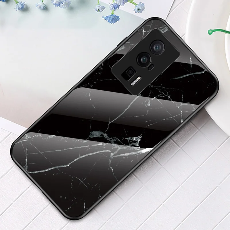 For Xiaomi Poco F5 Pro 5G / Redmi K60 Pro 5G / K60 5G Tempered Glass + PC + TPU Case Marble Pattern Printing Protective Phone Cover - Black Marble