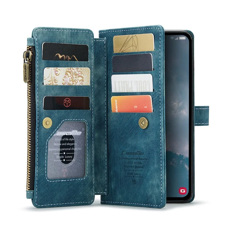 For Samsung Galaxy A14 5G / A14 4G Phone Cases with Strap CASEME C30 Zipper Multiple Card Holder PU Leather Cover - Blue