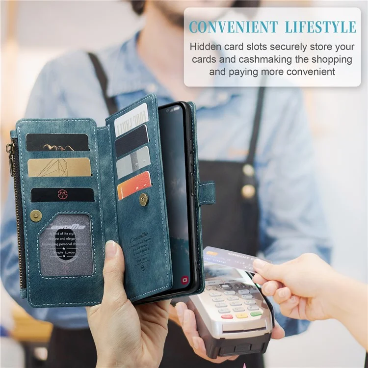 For Samsung Galaxy A14 5G / A14 4G Phone Cases with Strap CASEME C30 Zipper Multiple Card Holder PU Leather Cover - Blue