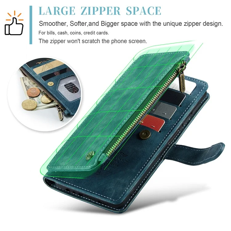 For Samsung Galaxy A14 5G / A14 4G Phone Cases with Strap CASEME C30 Zipper Multiple Card Holder PU Leather Cover - Blue