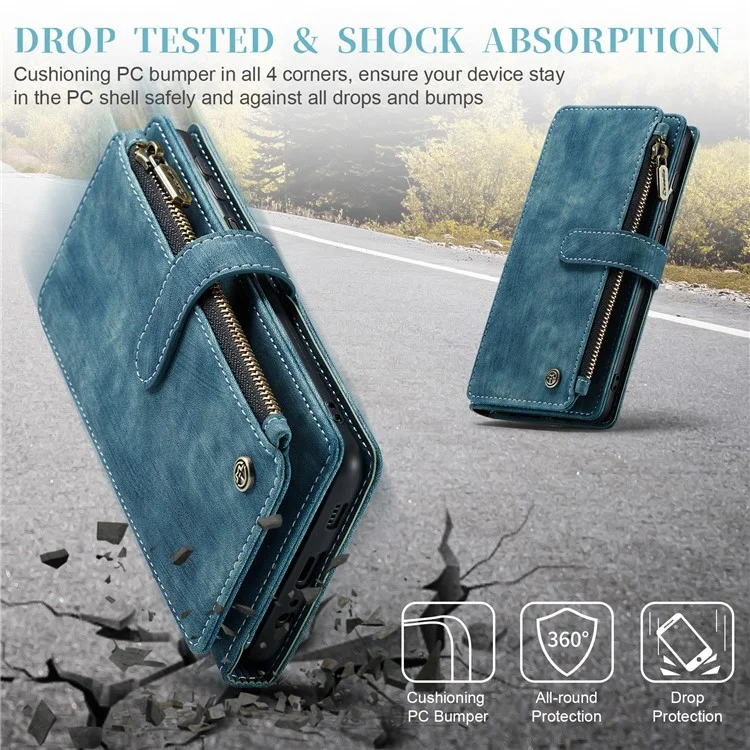 For Samsung Galaxy A14 5G / A14 4G Phone Cases with Strap CASEME C30 Zipper Multiple Card Holder PU Leather Cover - Blue