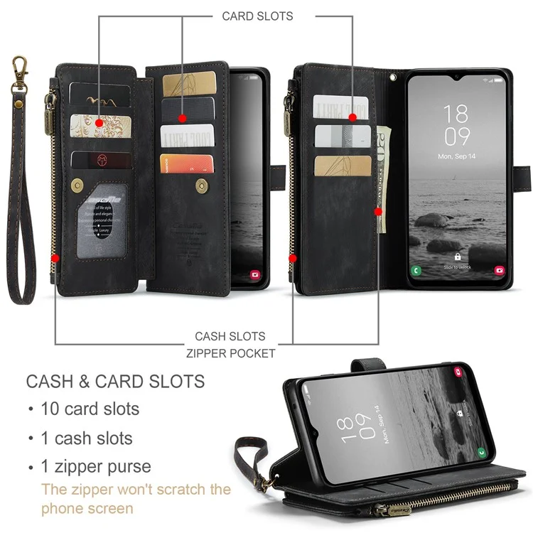 CASEME C30 Series Custodia Antiurto per Samsung Galaxy A34 5G, Custodia Portafoglio in Pelle PU con Cerniera e Supporto - Nero