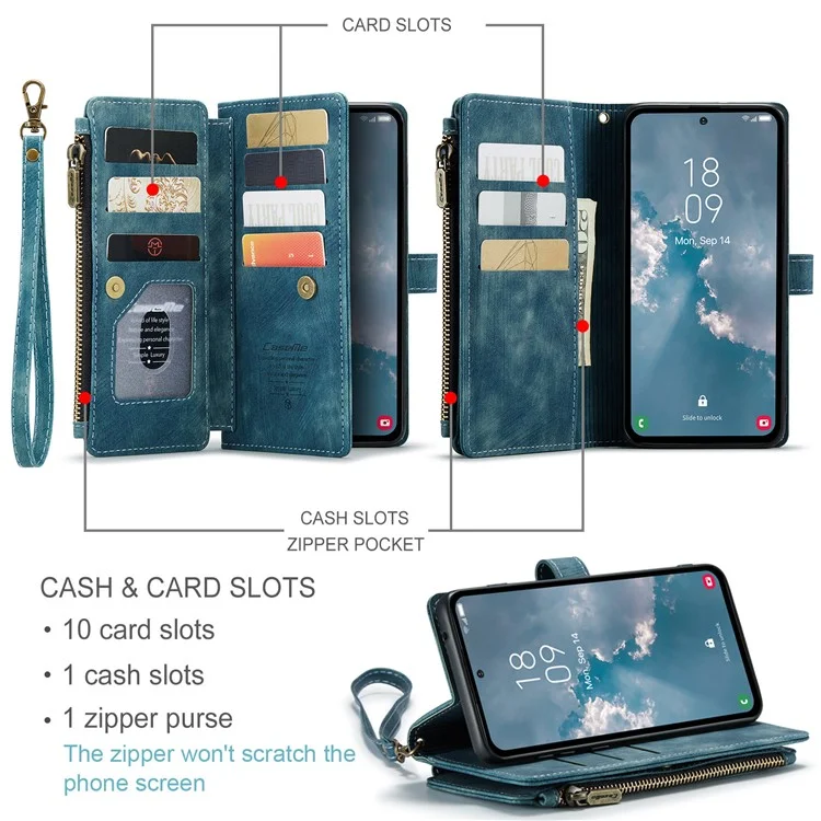CASEME C30 Série pour Samsung Galaxy A54 5G Étui en cuir PU Support Porte-cartes Poche Zip Anti-rayures Coque de protection pour téléphone - Bleu