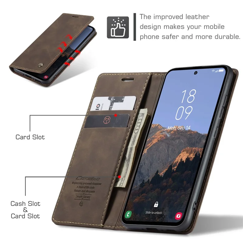 CASEME 013 Serie Funda para Samsung Galaxy A54 5G Funda de Cuero PU Cartera Soporte Antichoque - Café 