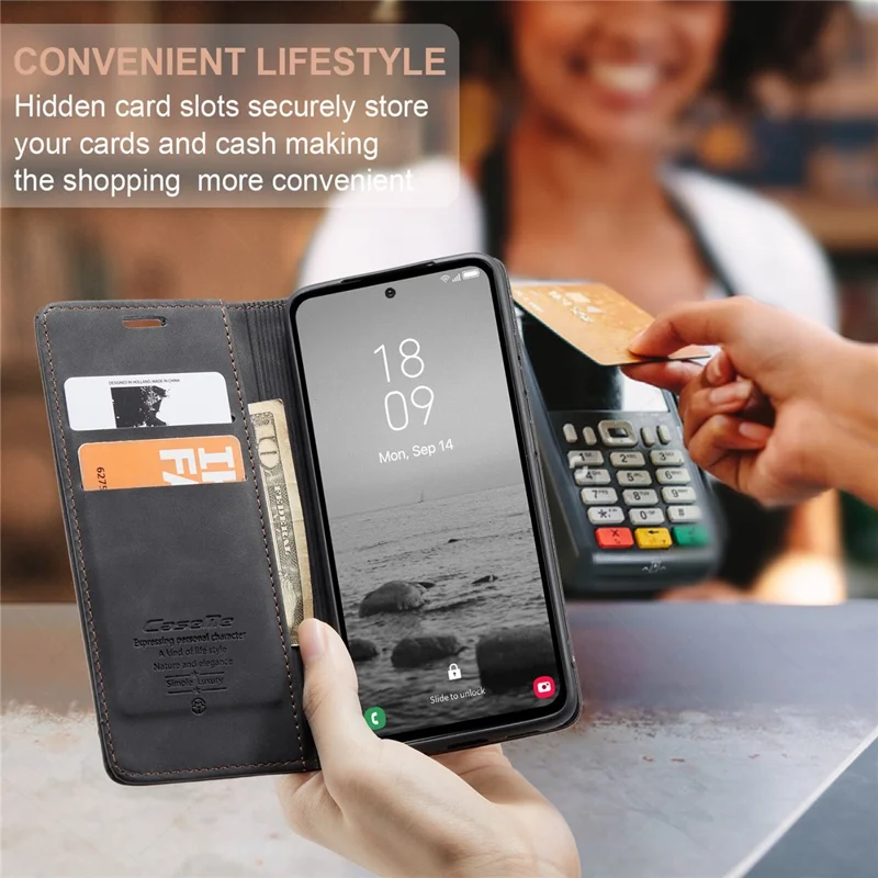 CASEME 013 Série Capa de Telefone para Samsung Galaxy A54 5G Capa de Couro PU Carteira Stand Resistente a Choques - Preto 
