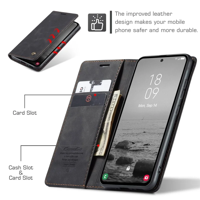 CASEME 013 Série Capa de Telefone para Samsung Galaxy A54 5G Capa de Couro PU Carteira Stand Resistente a Choques - Preto 