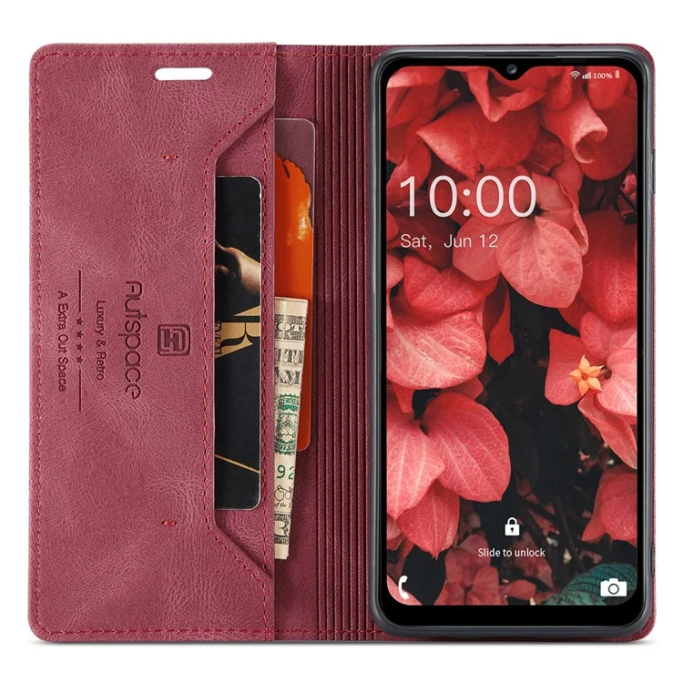 AUTSPACE Wallet Phone Case for Samsung Galaxy A34 5G RFID Blocking Flip Leather Cover A01 Series Retro Stand Phone Cover - Red