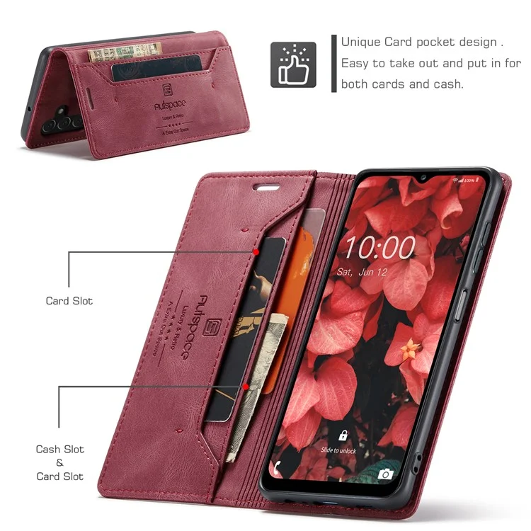 Caixa de Telefone da Carteira Autspace Para Samsung Galaxy A34 5G RFID Bloqueando Capa de Couro Flip A01 A01 Retro Stand Phone Tampa - Vermelho