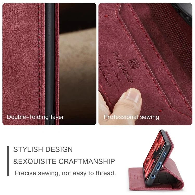 AUTSPACE Wallet Phone Case for Samsung Galaxy A34 5G RFID Blocking Flip Leather Cover A01 Series Retro Stand Phone Cover - Red