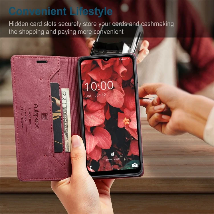 AUTSPACE Wallet Phone Case for Samsung Galaxy A34 5G RFID Blocking Flip Leather Cover A01 Series Retro Stand Phone Cover - Red