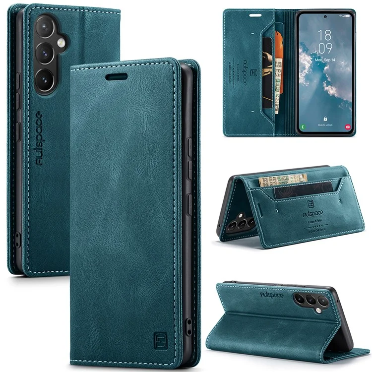AUTSPACE A01 Series for Samsung Galaxy A54 5G RFID Blocking Phone Case Leather Stand Retro Texture Matte Wallet Cover - Blue