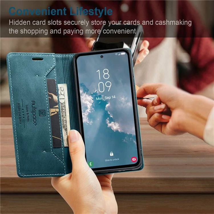 AUTSPACE A01 Series for Samsung Galaxy A54 5G RFID Blocking Phone Case Leather Stand Retro Texture Matte Wallet Cover - Blue
