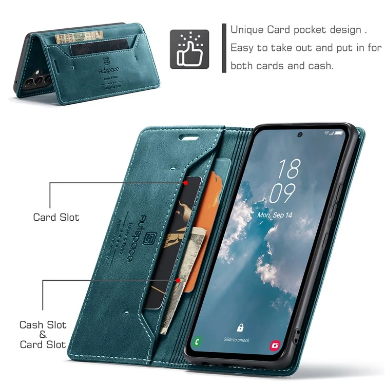 AUTSPACE A01 Series for Samsung Galaxy A54 5G RFID Blocking Phone Case Leather Stand Retro Texture Matte Wallet Cover - Blue