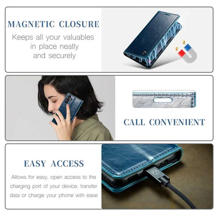 CASEME 003 Series For Samsung Galaxy A34 5G Waxy Texture Magnetic Auto-absorbed Phone Case Wallet Stand Full Coverage PU Leather Cell Phone Cover - Blue