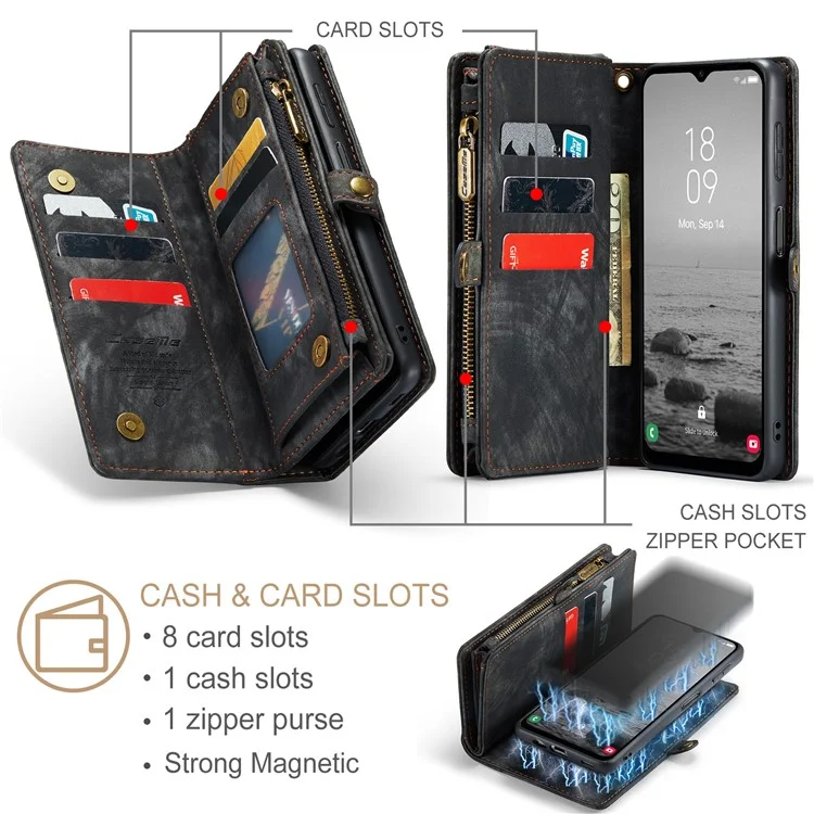 CASEME 008 Series para Samsung Galaxy A34 5G Zipper Pocket Design PU Leather Case Detachable Phone Cover with Stand Wallet - Preto