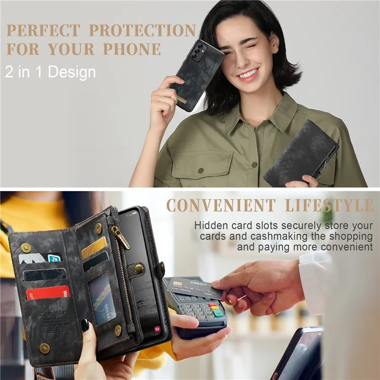 CASEME 008 Series para Samsung Galaxy A34 5G Zipper Pocket Design PU Leather Case Detachable Phone Cover with Stand Wallet - Preto