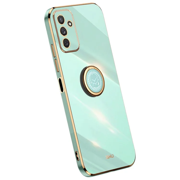 XINLI Para Samsung Galaxy M23 5G / F23 5G Recorte Preciso da Lente Capa de Telefone a Prova de Choque com Suporte de Anel Eletroplating Borda Dourada Macio TPU Capa - Ciano