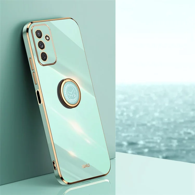 XINLI Para Samsung Galaxy M23 5G / F23 5G Recorte Preciso da Lente Capa de Telefone a Prova de Choque com Suporte de Anel Eletroplating Borda Dourada Macio TPU Capa - Ciano