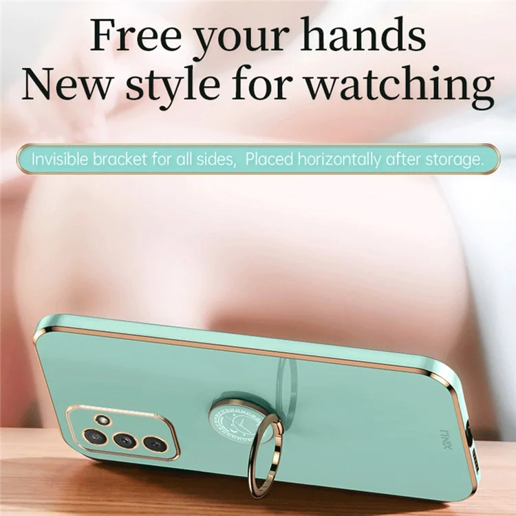 XINLI Para Samsung Galaxy M23 5G / F23 5G Recorte Preciso da Lente Capa de Telefone a Prova de Choque com Suporte de Anel Eletroplating Borda Dourada Macio TPU Capa - Ciano
