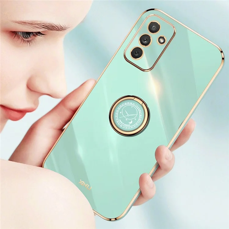 XINLI Para Samsung Galaxy M23 5G / F23 5G Recorte Preciso da Lente Capa de Telefone a Prova de Choque com Suporte de Anel Eletroplating Borda Dourada Macio TPU Capa - Ciano