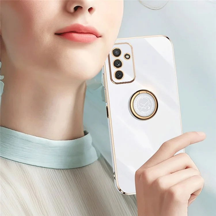 XINLI Para Samsung Galaxy M23 5G / F23 5G Recorte Preciso da Lente Capa de Telefone a Prova de Choque com Suporte de Anel Eletroplating Borda Dourada Macio TPU Capa - Ciano