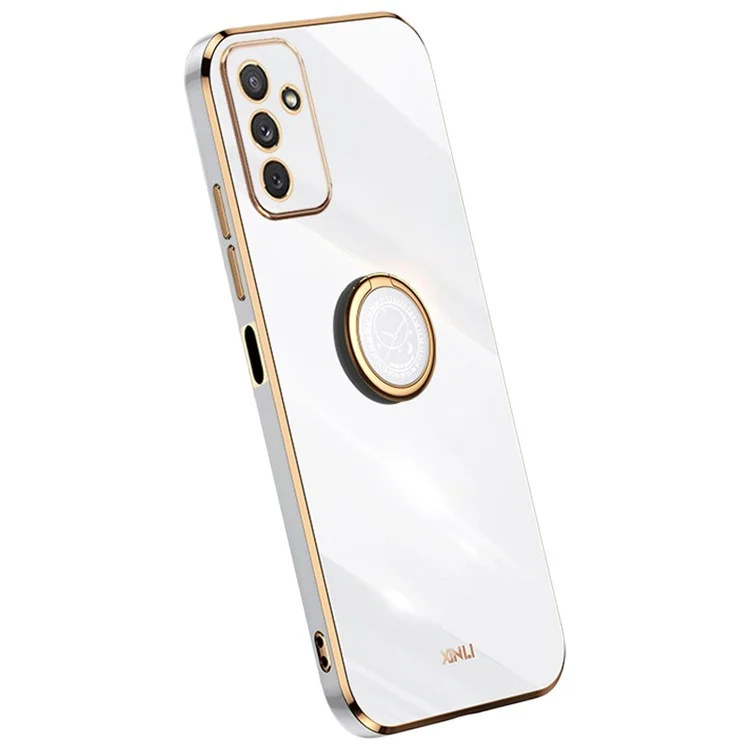 XINLI Pour Samsung Galaxy M23 5G / F23 5G Découpe de lentille précise Coque de téléphone antichoc avec support anneau Électroplaquage Bord doré Housse TPU souple - Blanc