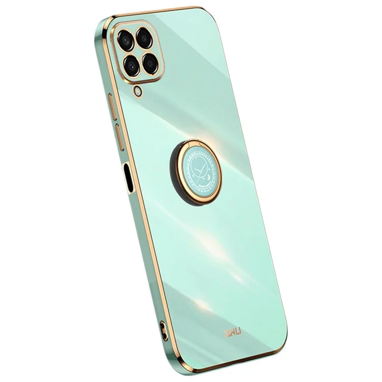XINLI For Samsung Galaxy M33 5G (Global Version) Precise Lens Cutout Phone Case with Ring Kickstand Electroplating Golden Edge Bump Proof TPU Cover - Cyan