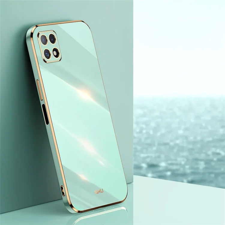 XINLI Phone Case for Samsung Galaxy A22 5G (EU Version), Electroplating Golden Edge Bump Proof TPU Protective Cover - Cyan