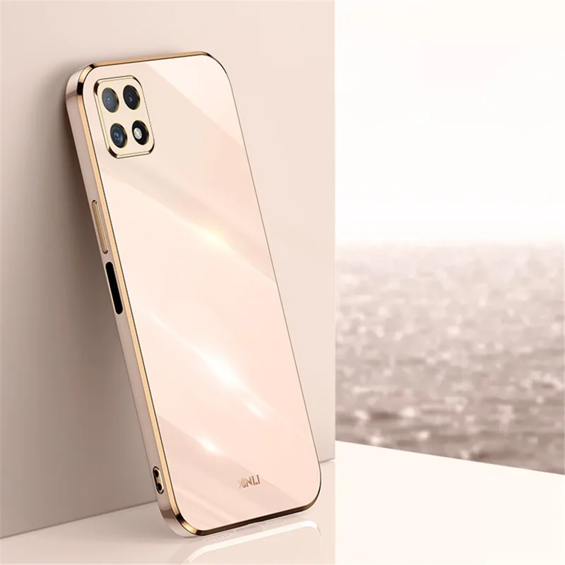 XINLI Phone Case for Samsung Galaxy A22 5G (EU Version), Electroplating Golden Edge Bump Proof TPU Protective Cover - Pink
